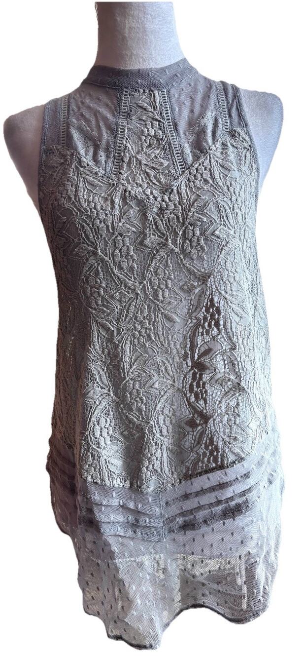 Free People Maise Modern Dot Misty Gray Mesh Lace Tank Sz S High Neck Preppy
